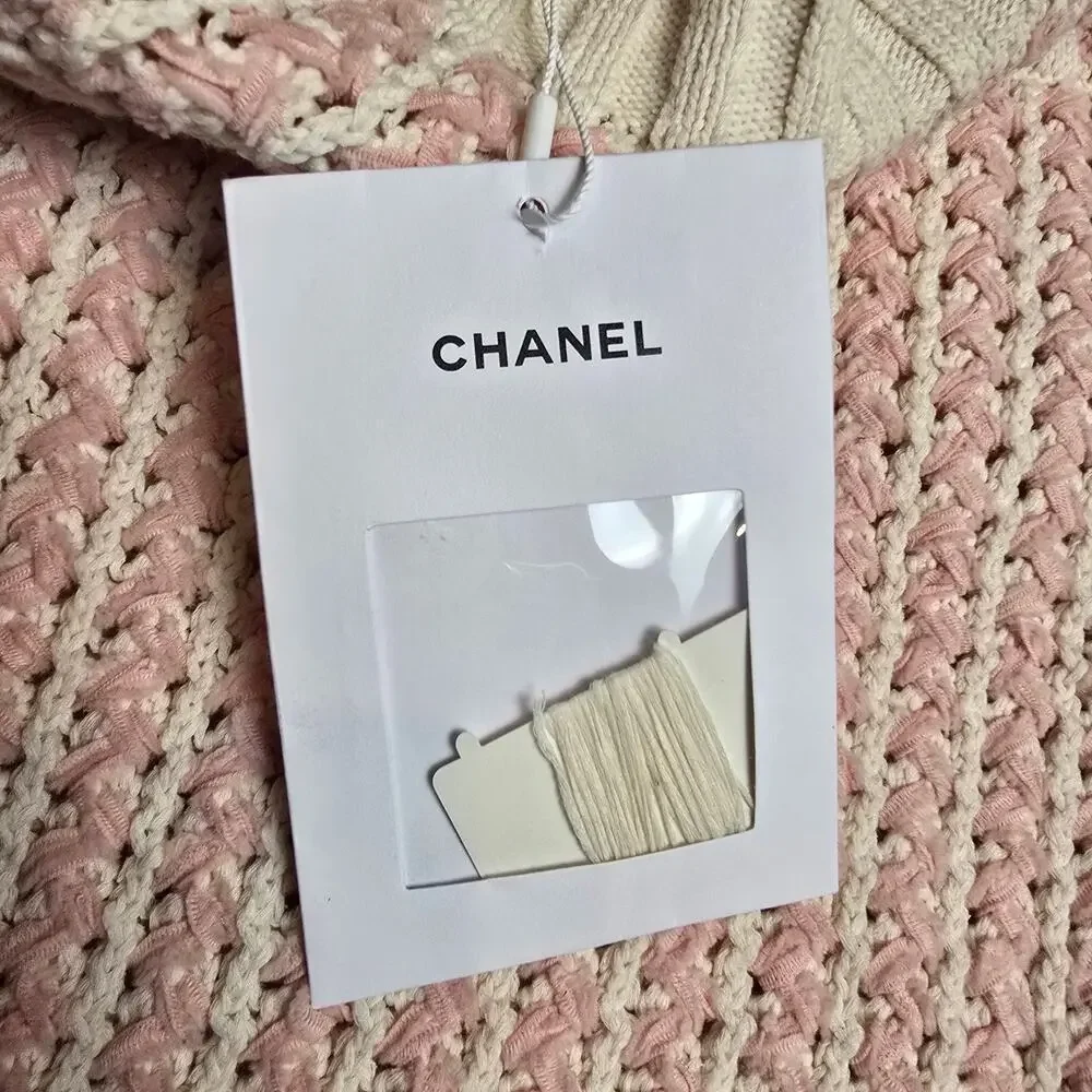 CHANEL cream & pink cotton 2018 18P RIBBON KNIT MINI Skirt 34